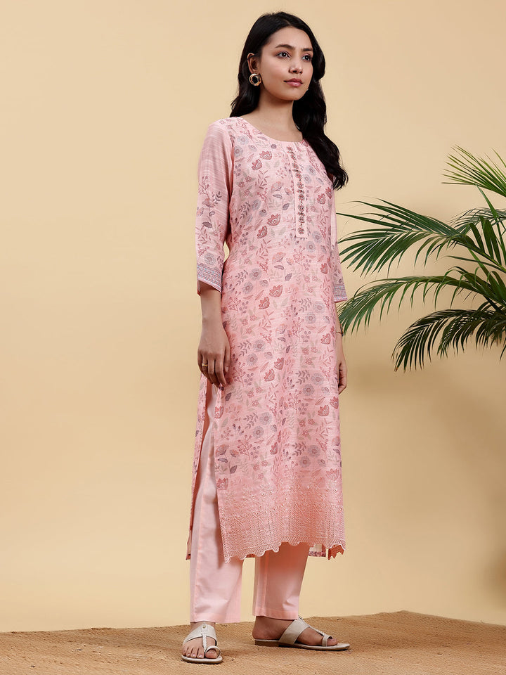 Peach Printed Chanderi Silk Straight Suit With Dupatta