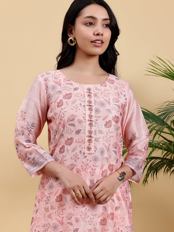 Peach Printed Chanderi Silk Straight Suit With Dupatta