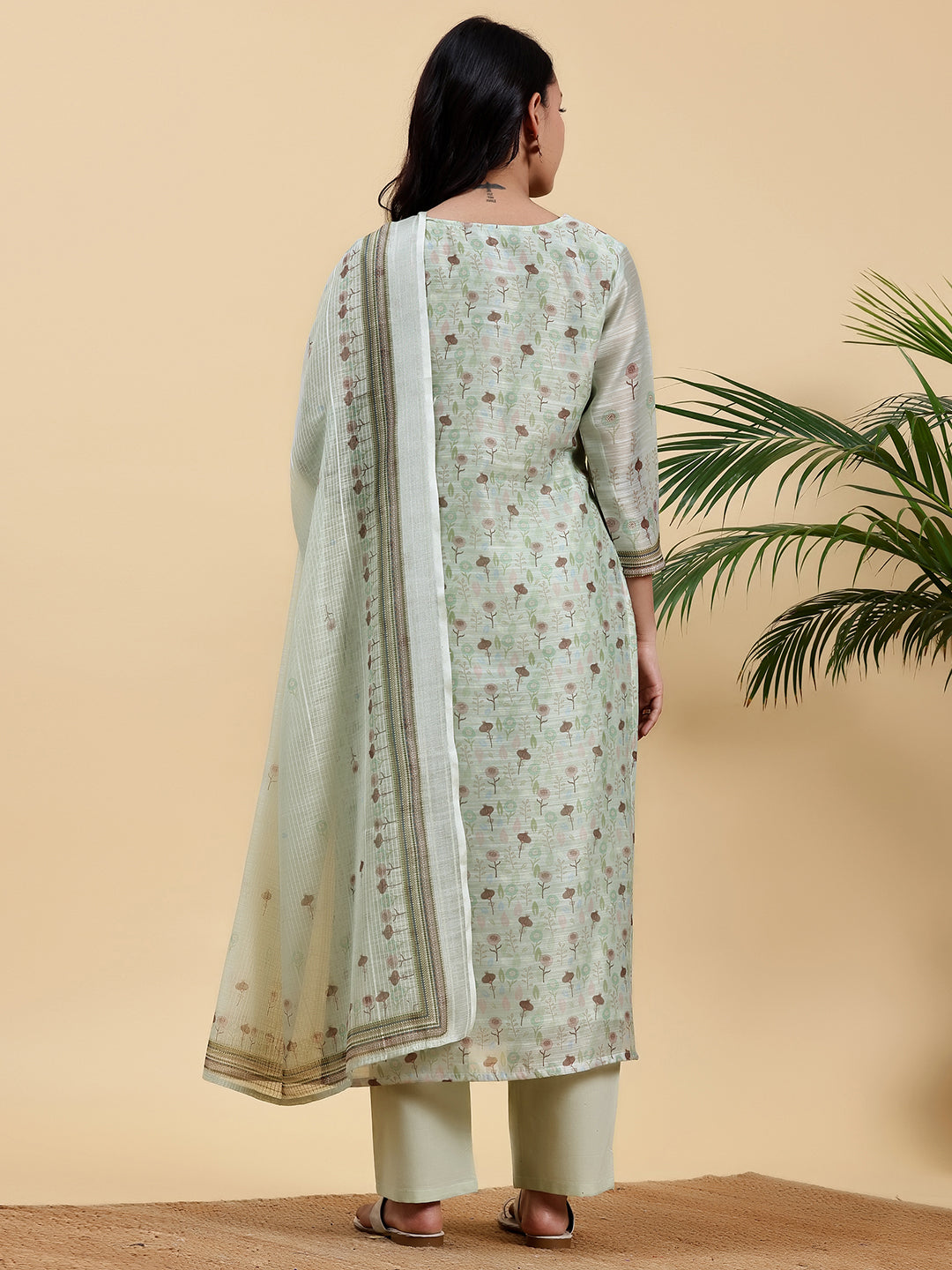 Green Printed Chanderi Silk Straight Suit With Dupatta