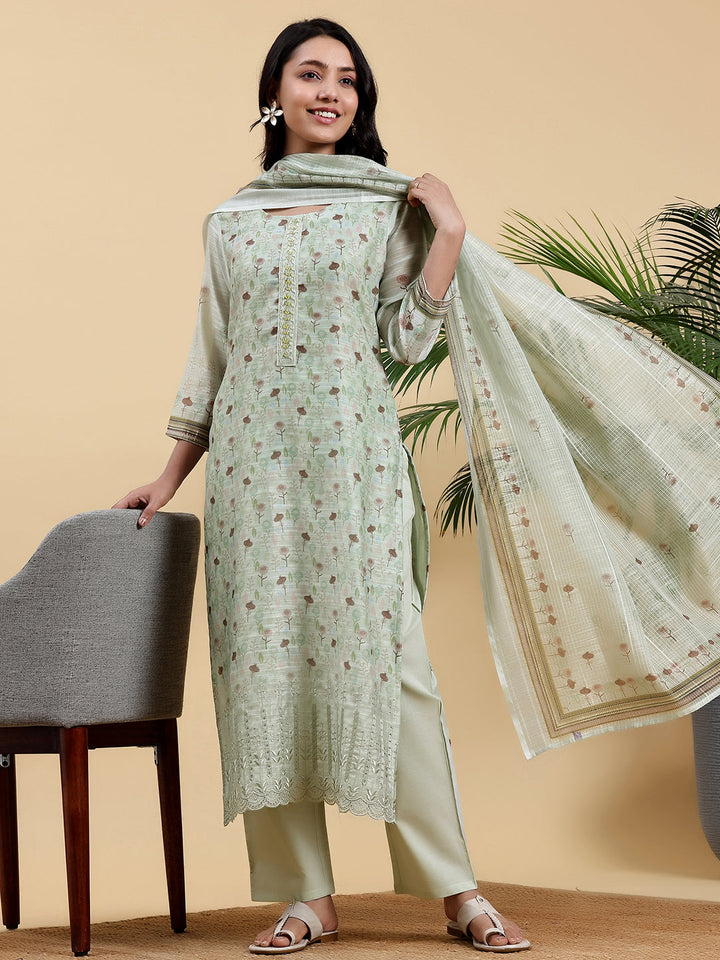 Green Printed Chanderi Silk Straight Suit With Dupatta