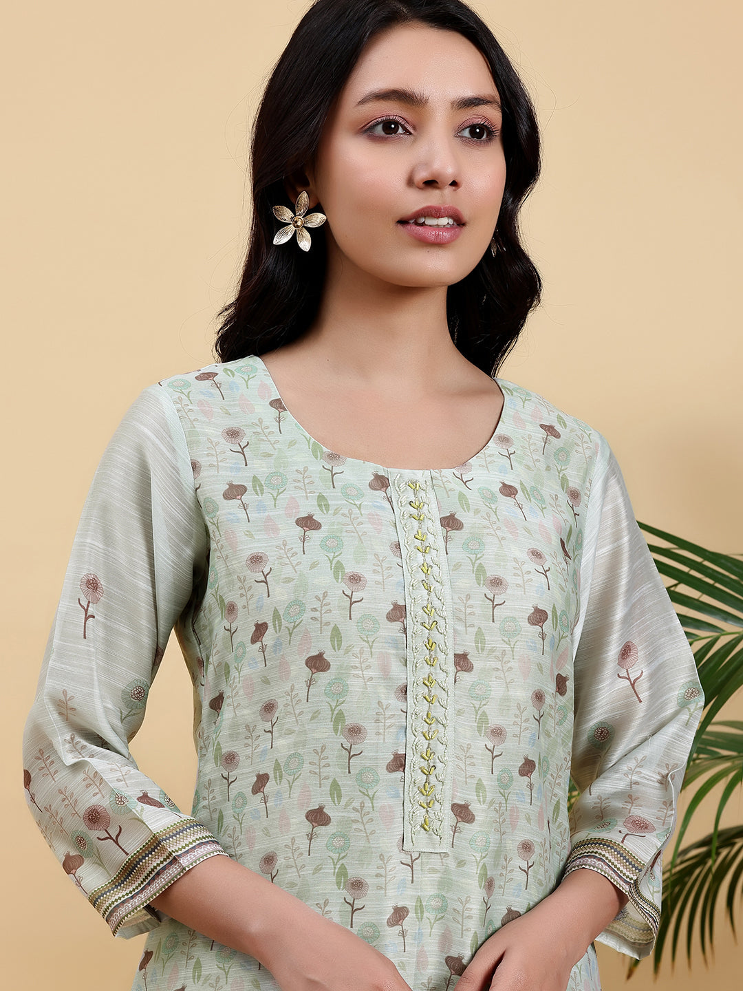 Green Printed Chanderi Silk Straight Suit With Dupatta