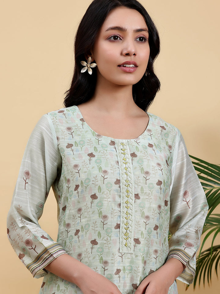 Green Printed Chanderi Silk Straight Suit With Dupatta