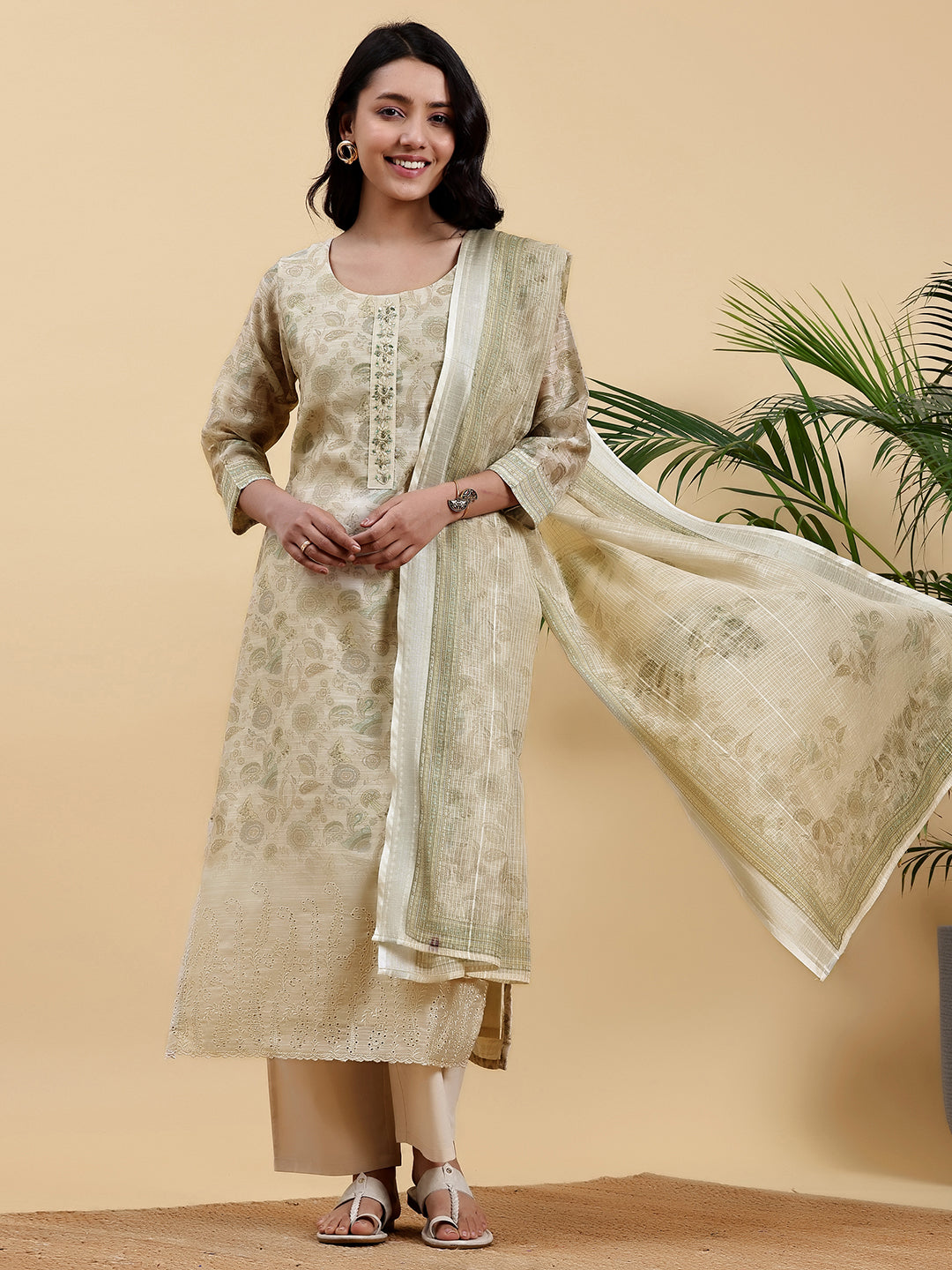 Olive Printed Chanderi Silk Straight Suit Sets With Dupatta