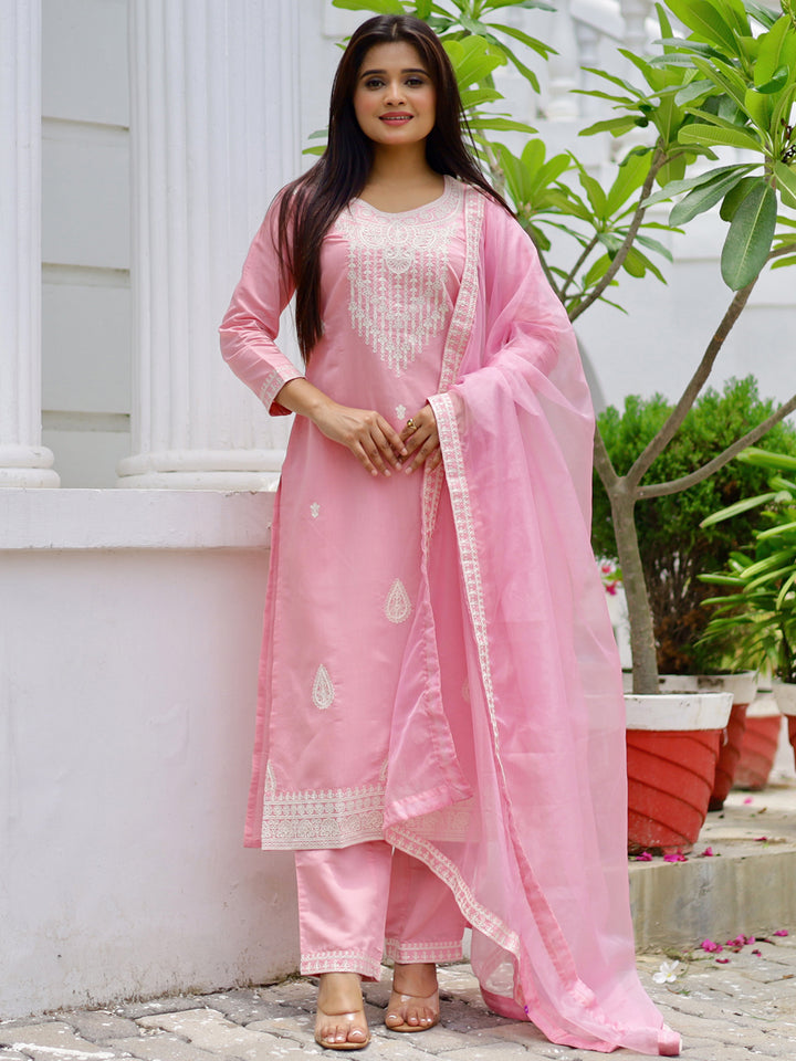 Pink Embroidered Silk Blend Straight Suit With Dupatta