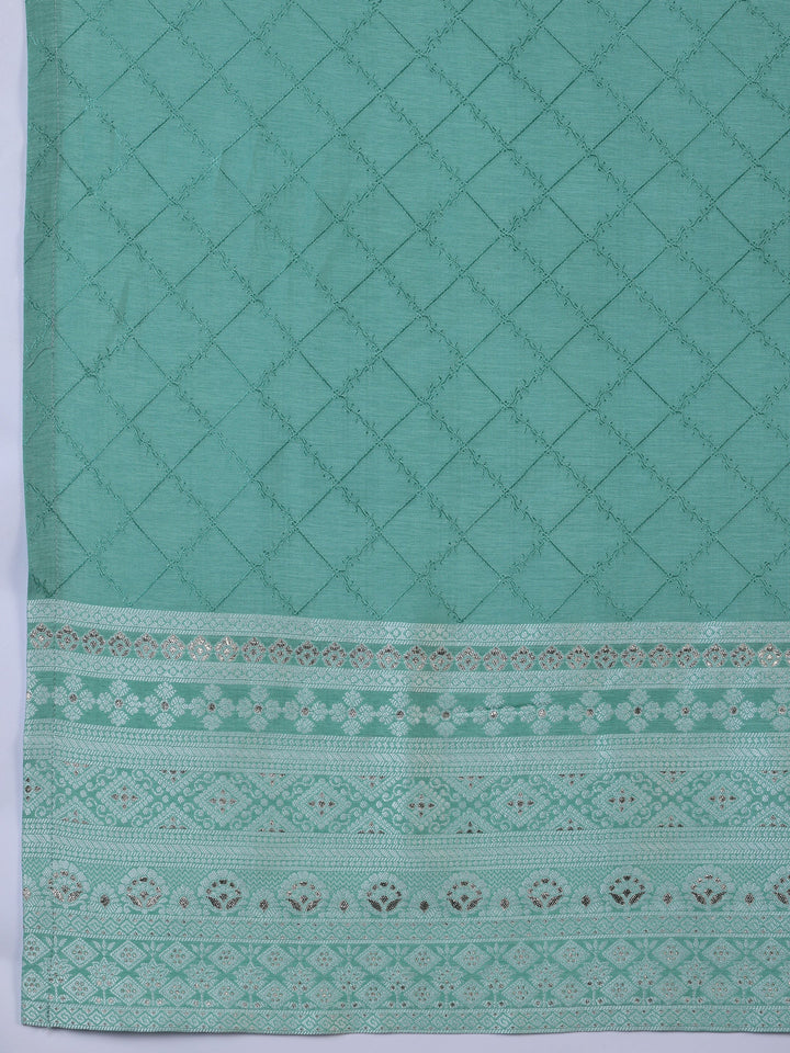 Green Woven Design Silk Blend Straight Suit With Dupatta