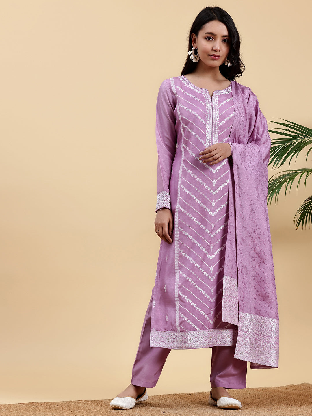 Lilac Woven Design Silk Blend Straight Suit With Dupatta