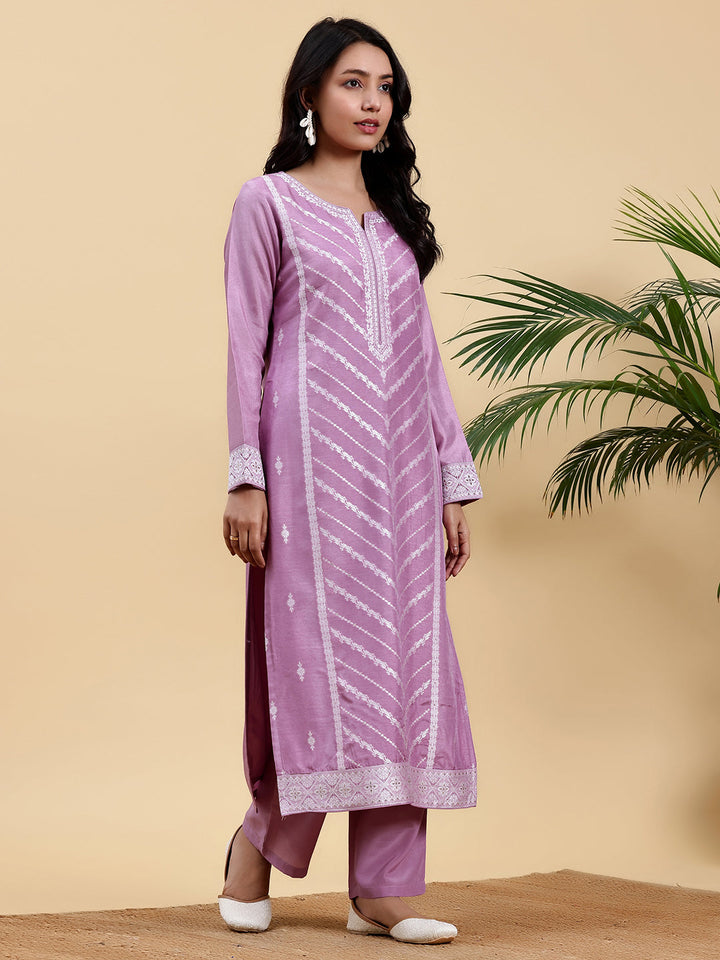 Lilac Woven Design Silk Blend Straight Suit With Dupatta