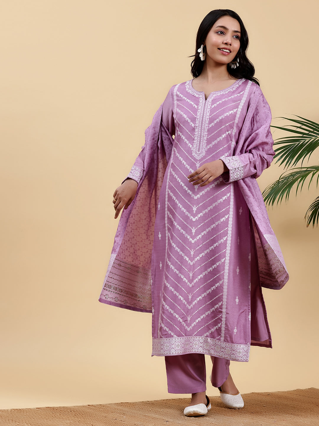 Lilac Woven Design Silk Blend Straight Suit With Dupatta