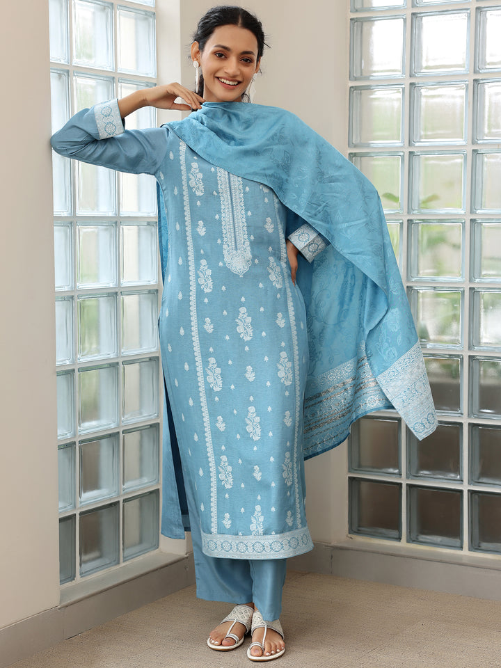 Blue Woven Design Silk Blend Straight Suit With Dupatta