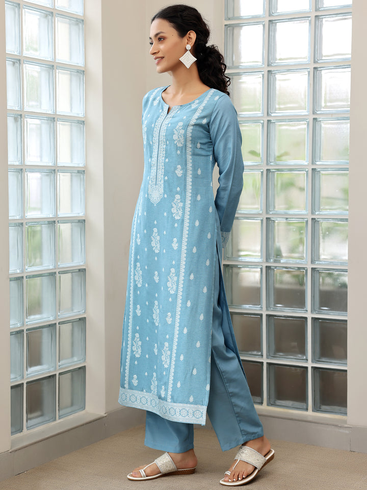 Blue Woven Design Silk Blend Straight Suit With Dupatta