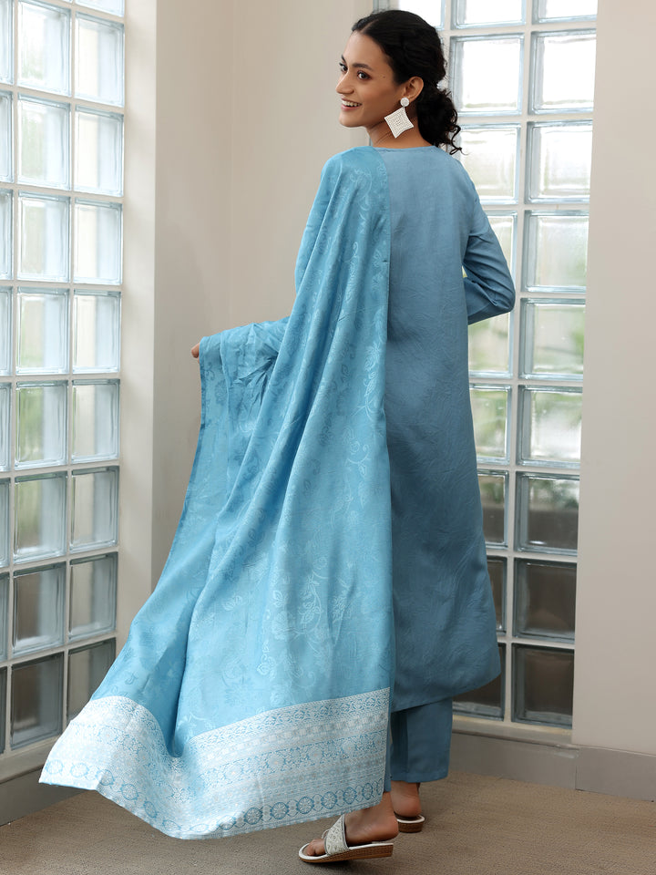 Blue Woven Design Silk Blend Straight Suit With Dupatta