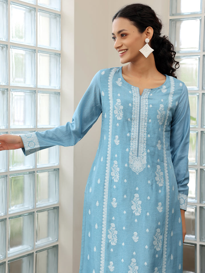 Blue Woven Design Silk Blend Straight Suit With Dupatta