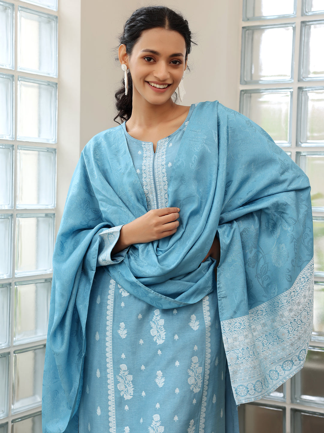 Blue Woven Design Silk Blend Straight Suit With Dupatta