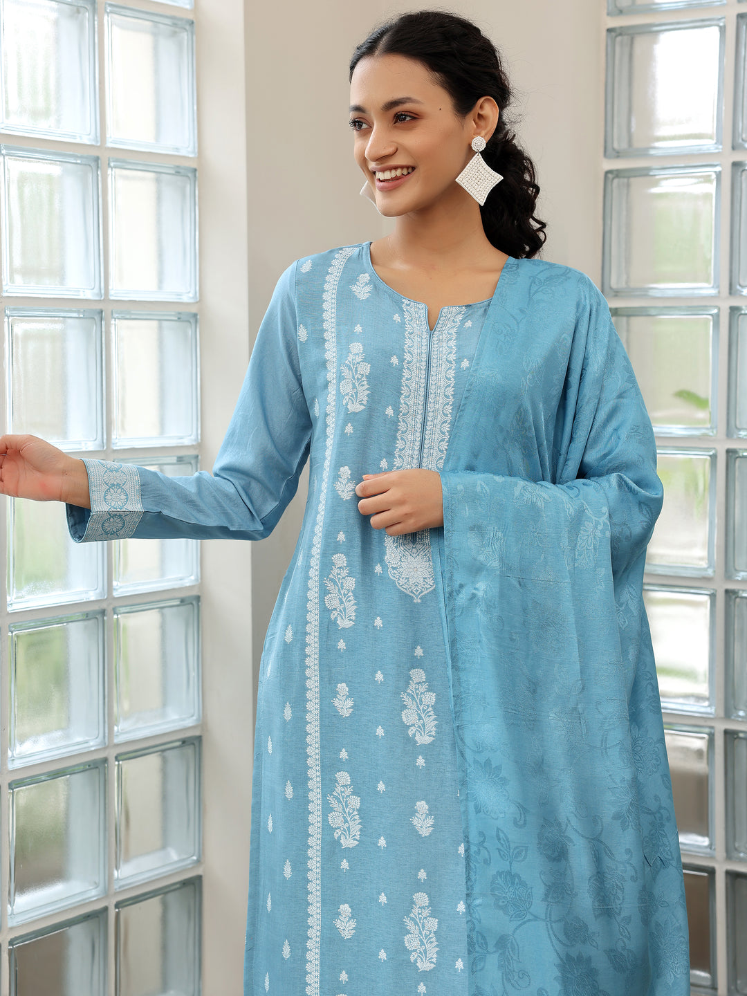 Blue Woven Design Silk Blend Straight Suit With Dupatta