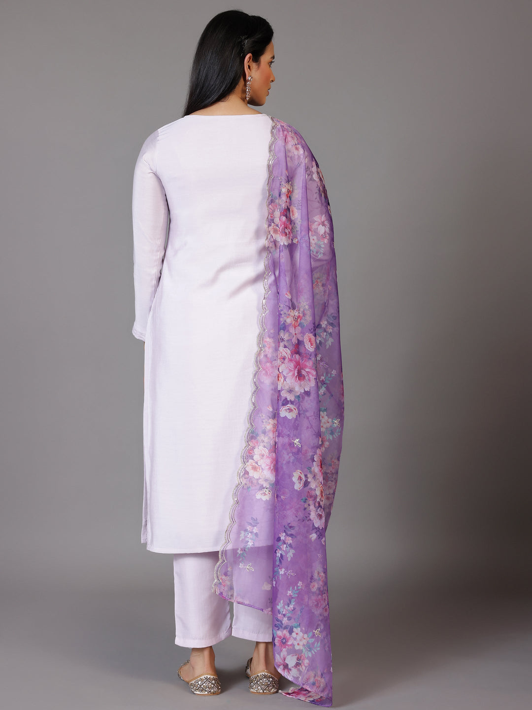 Lilac Embellished Silk Blend Straight Suit With Dupatta
