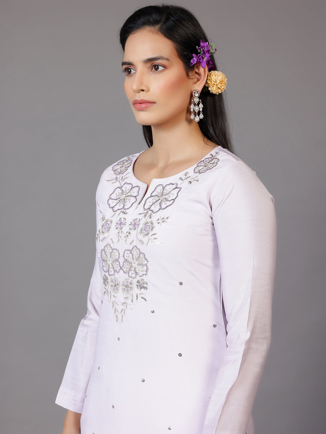 Lilac Embellished Silk Blend Straight Suit With Dupatta