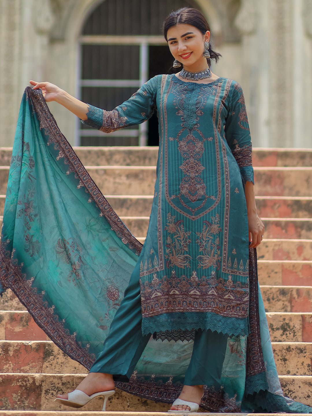 Green Printed Silk Blend Straight Suit With Dupatta