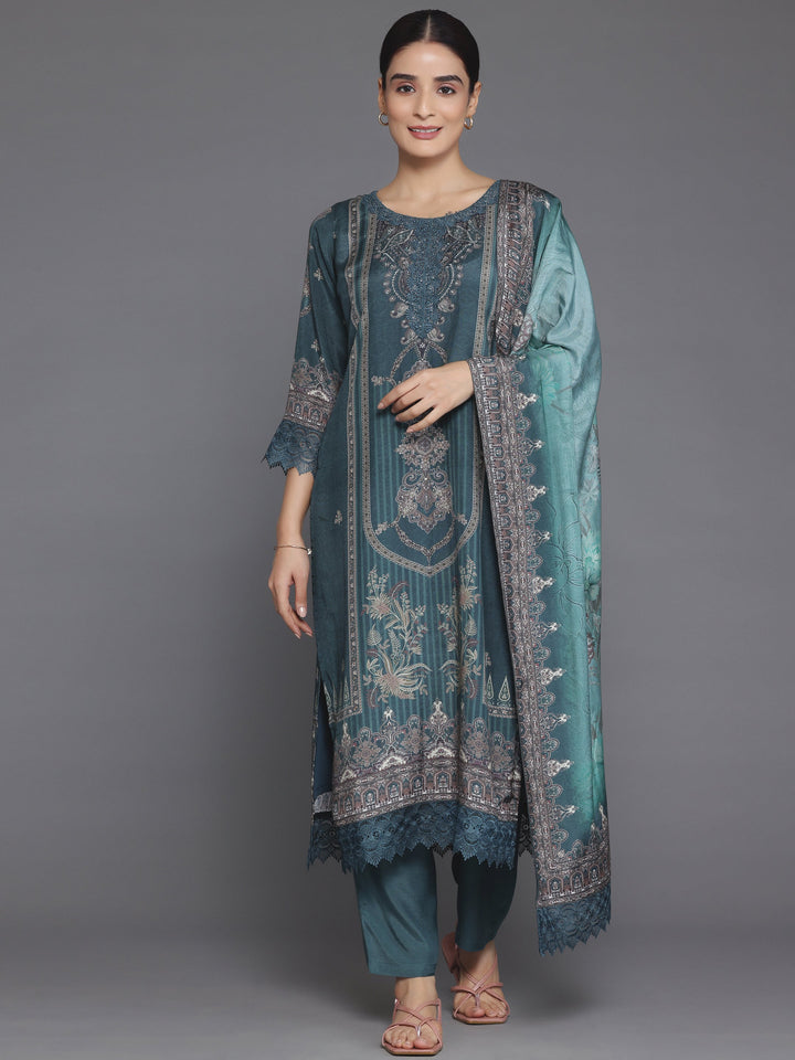 Green Printed Silk Blend Straight Suit With Dupatta