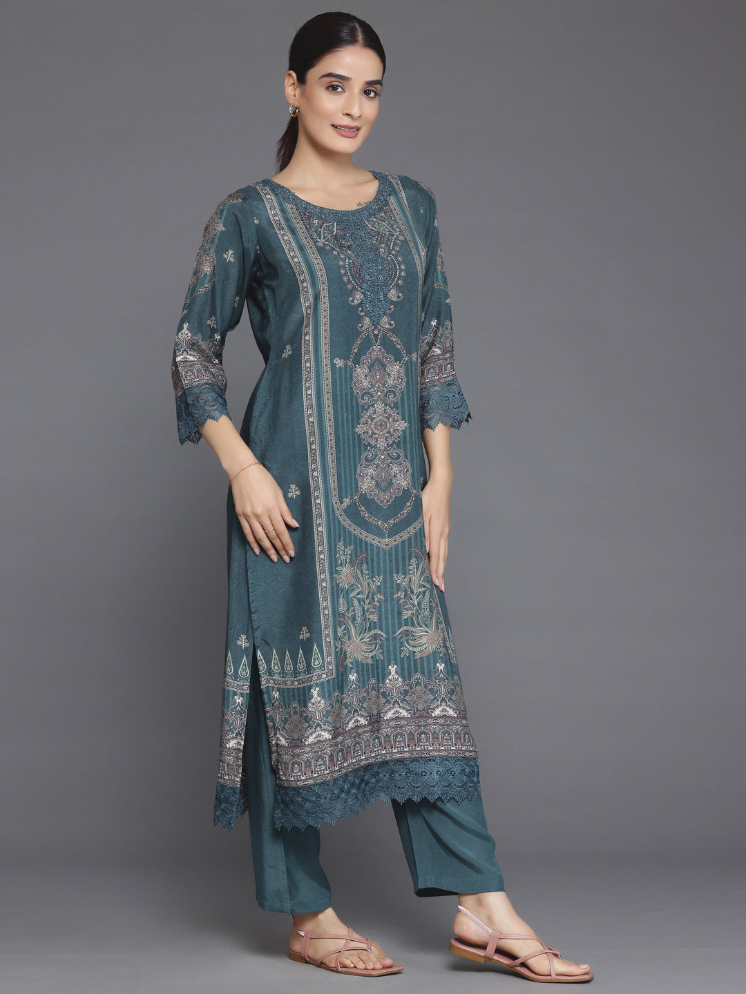 Green Printed Silk Blend Straight Suit With Dupatta