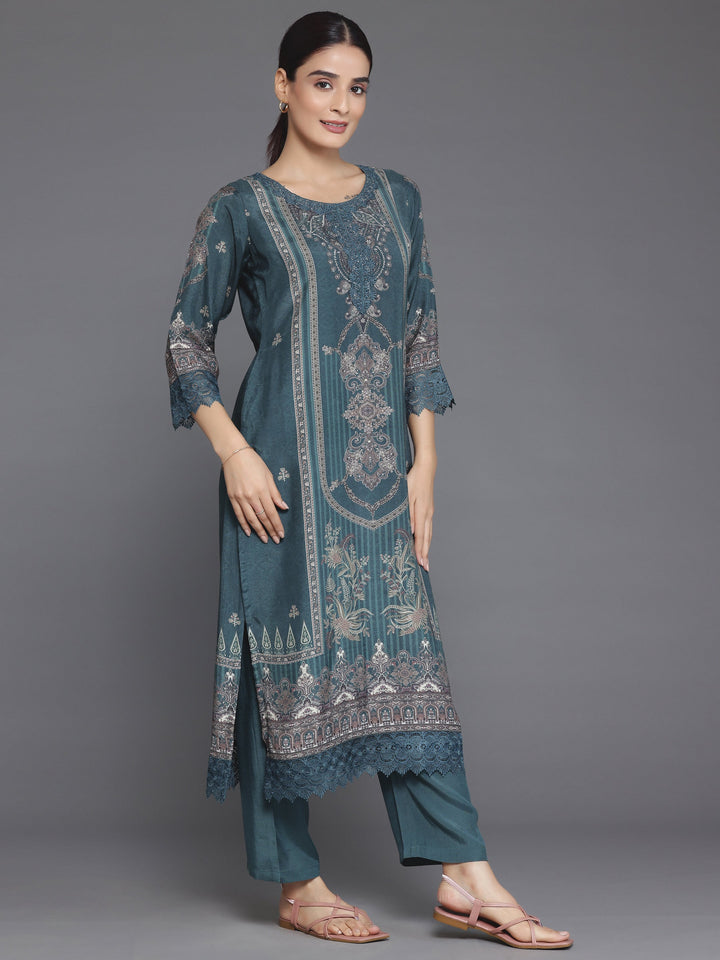 Green Printed Silk Blend Straight Suit With Dupatta