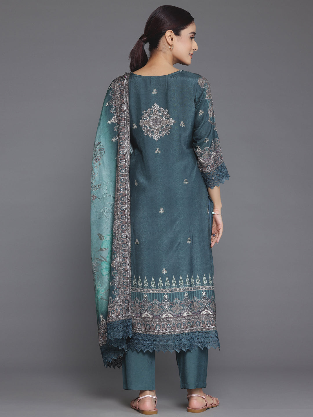 Green Printed Silk Blend Straight Suit With Dupatta