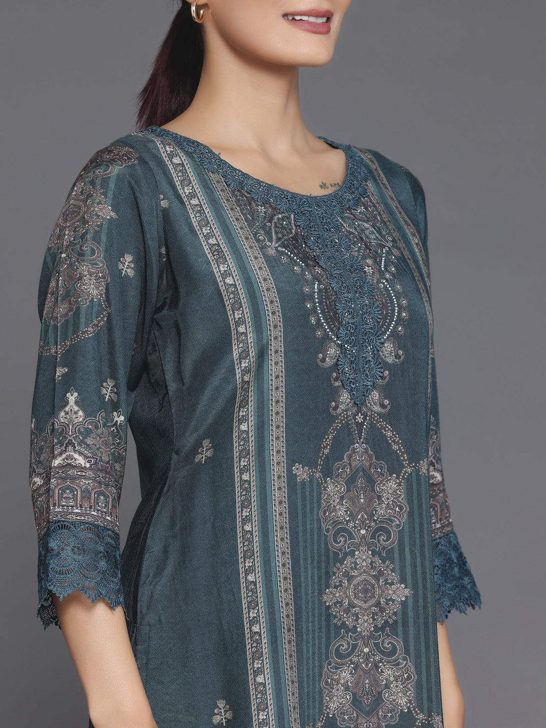 Green Printed Silk Blend Straight Suit With Dupatta