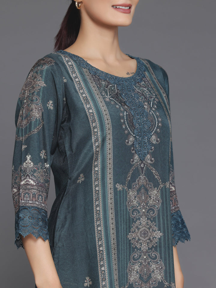 Green Printed Silk Blend Straight Suit With Dupatta