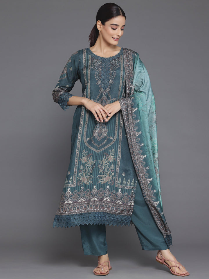 Green Printed Silk Blend Straight Suit With Dupatta
