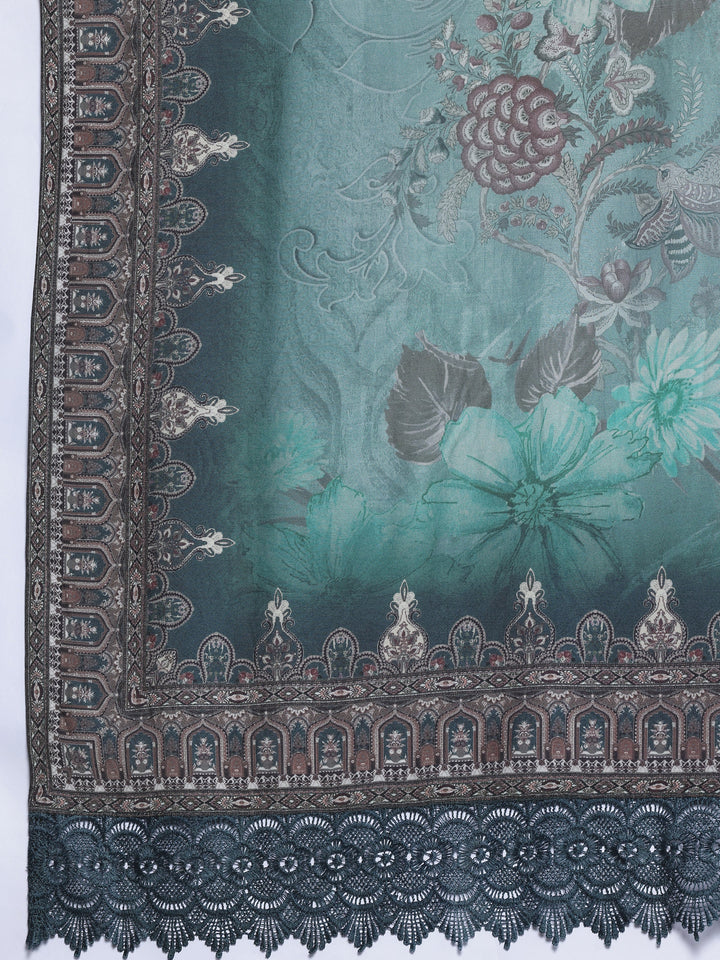 Green Printed Silk Blend Straight Suit With Dupatta