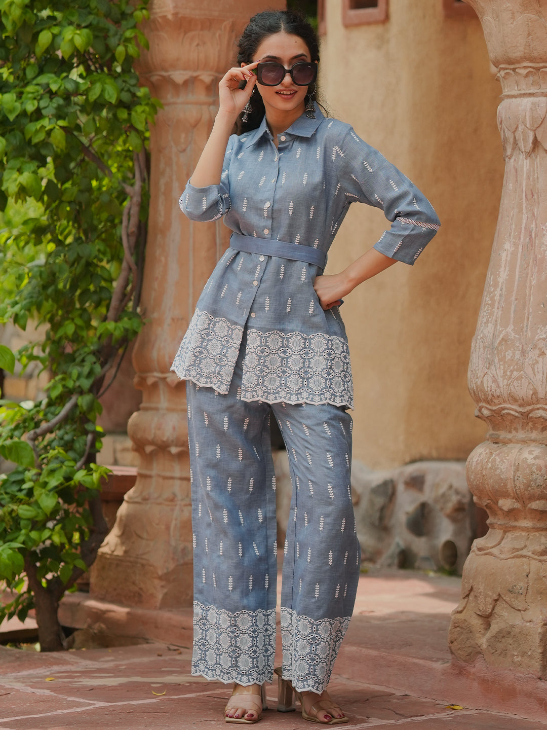 Blue Embroidered Cotton Blend Co-Ords