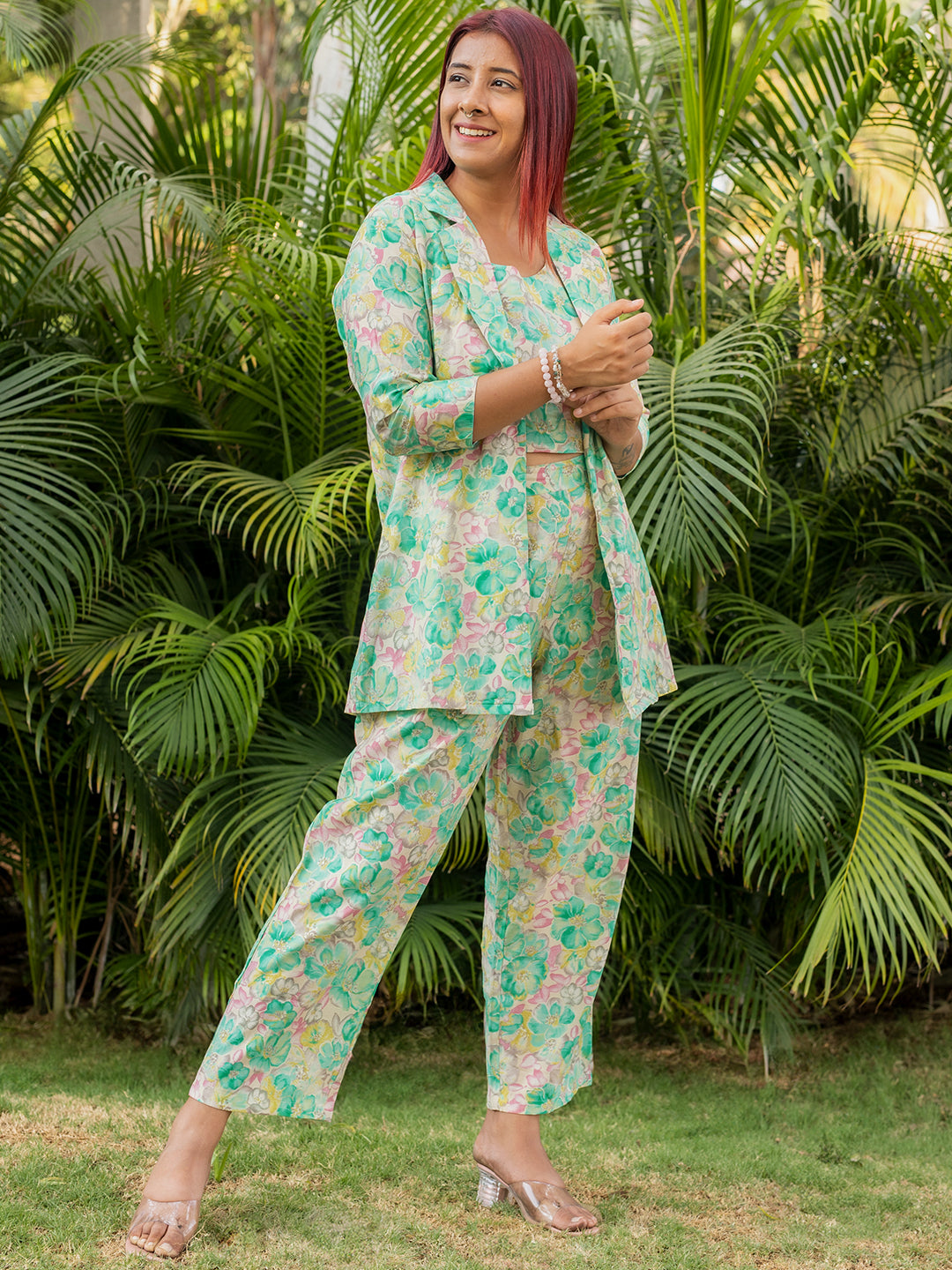 Turquoise Printed Silk Blend 3 Piece Co-Ords