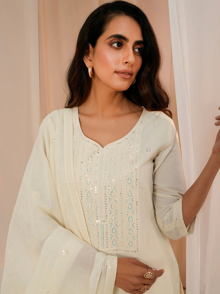 Off White Embroidered Cotton Straight Suit With Dupatta