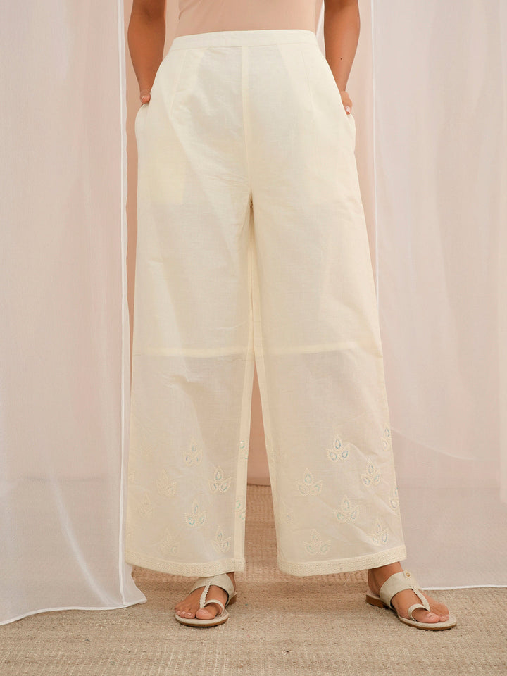 Off White Embroidered Cotton Straight Suit With Dupatta