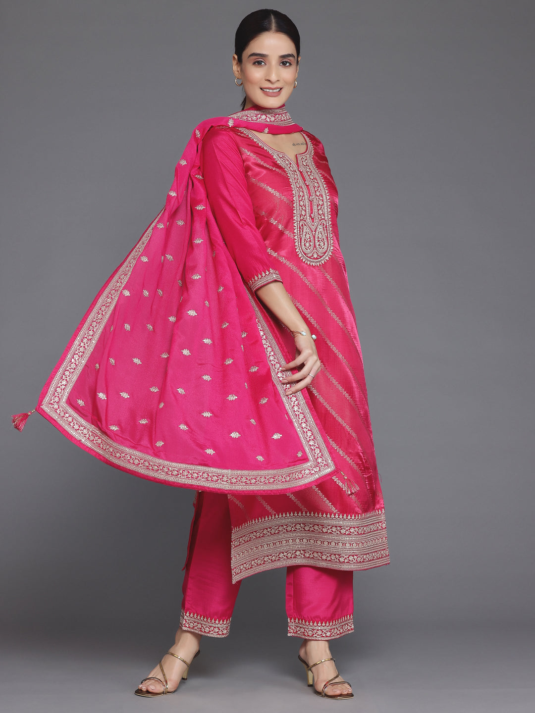 Pink Self Design Silk Blend Straight Suit With Dupatta
