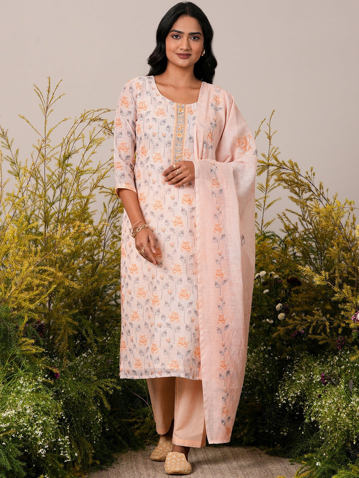 Peach Printed Cotton Blend Straight Suit With Dupatta