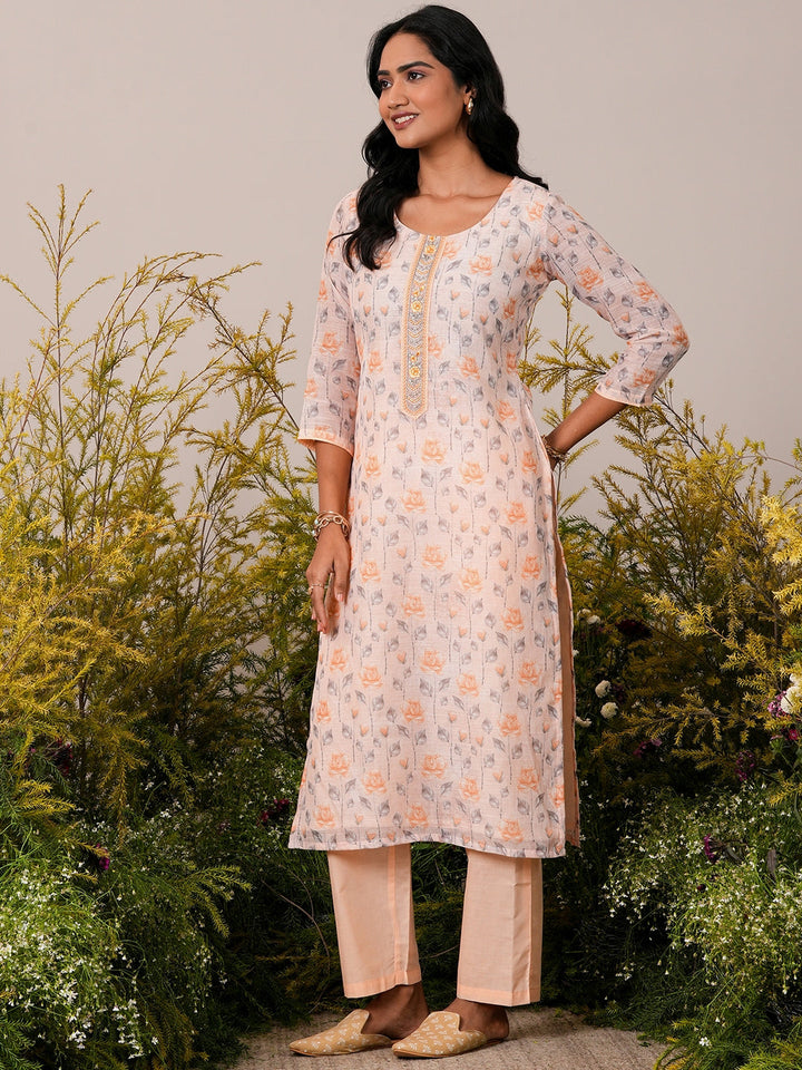 Peach Printed Cotton Blend Straight Suit With Dupatta
