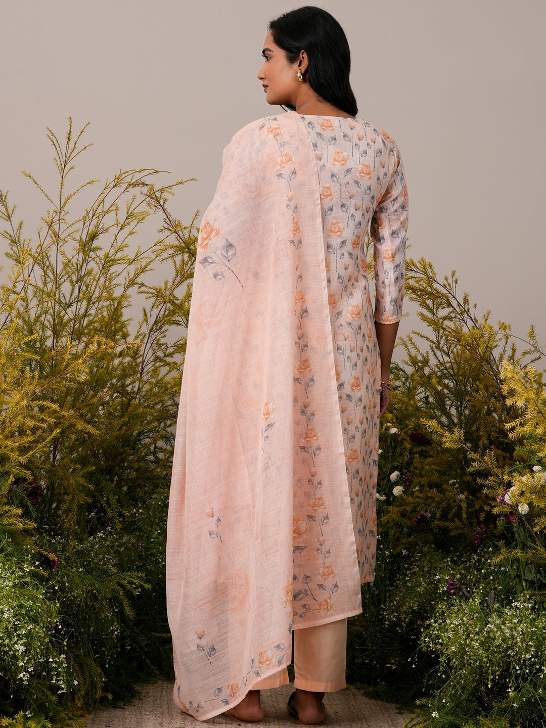 Peach Printed Cotton Blend Straight Suit With Dupatta