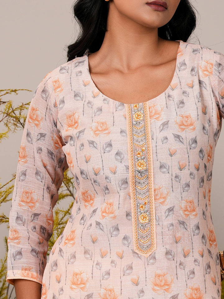 Peach Printed Cotton Blend Straight Suit With Dupatta