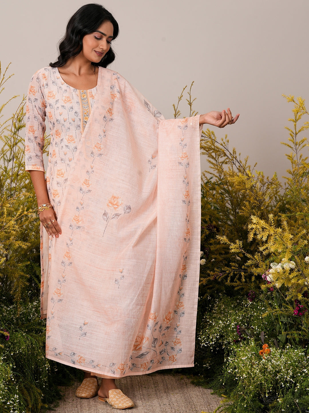 Peach Printed Cotton Blend Straight Suit With Dupatta