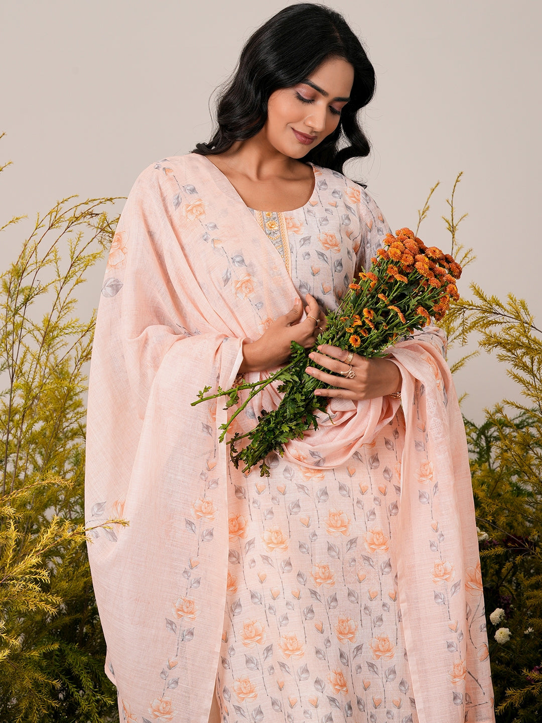 Peach Printed Cotton Blend Straight Suit With Dupatta