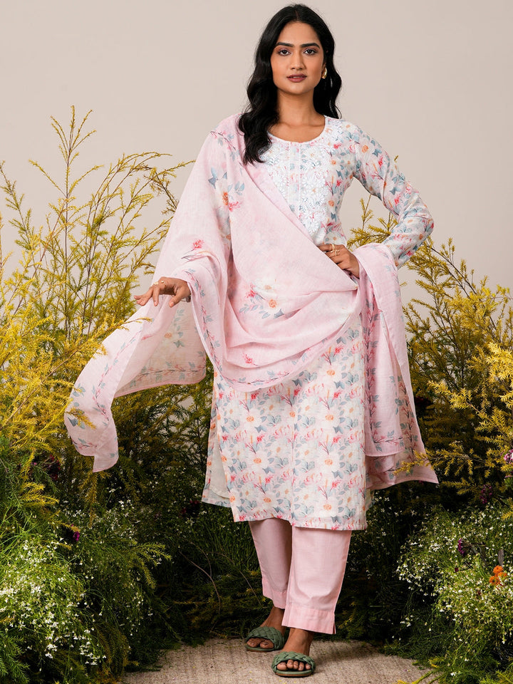 Pink Printed Cotton Blend Straight Suit With Dupatta