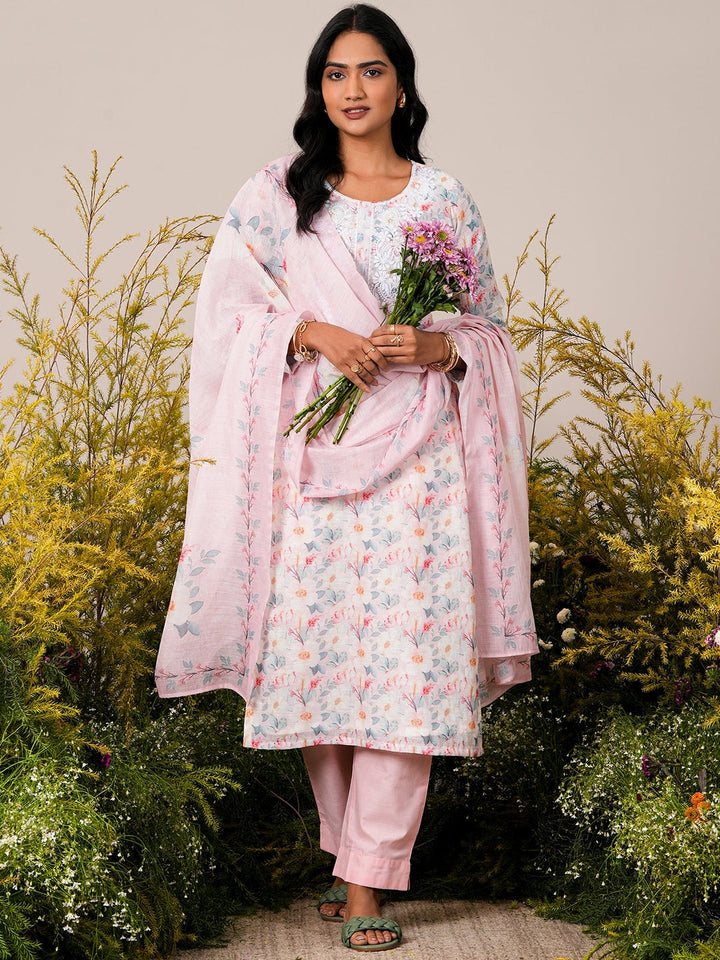 Pink Printed Cotton Blend Straight Suit With Dupatta