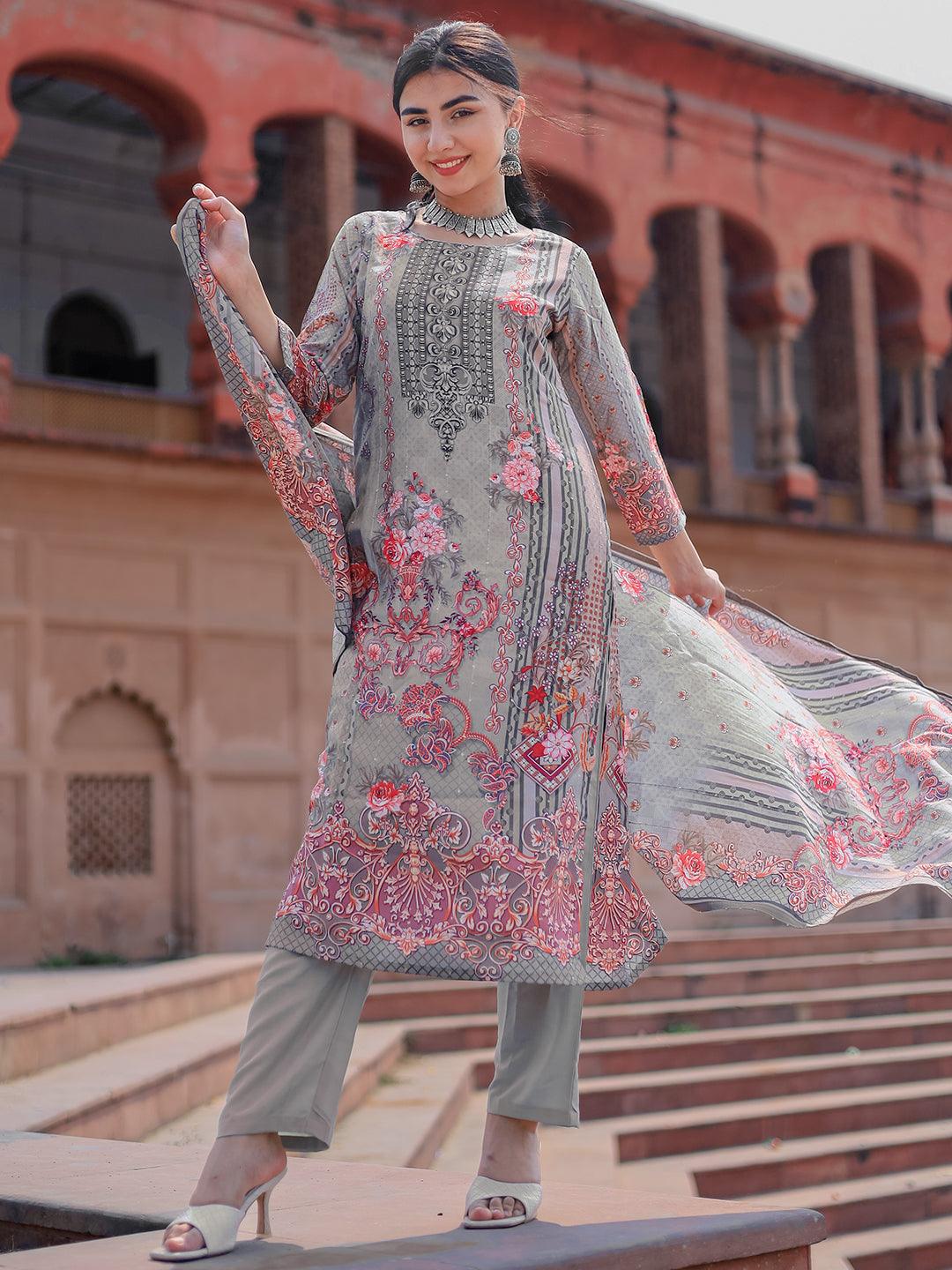 Buy Gerua Grey Printed Silk Blend Pakistani Suit Online in USA at $47.00