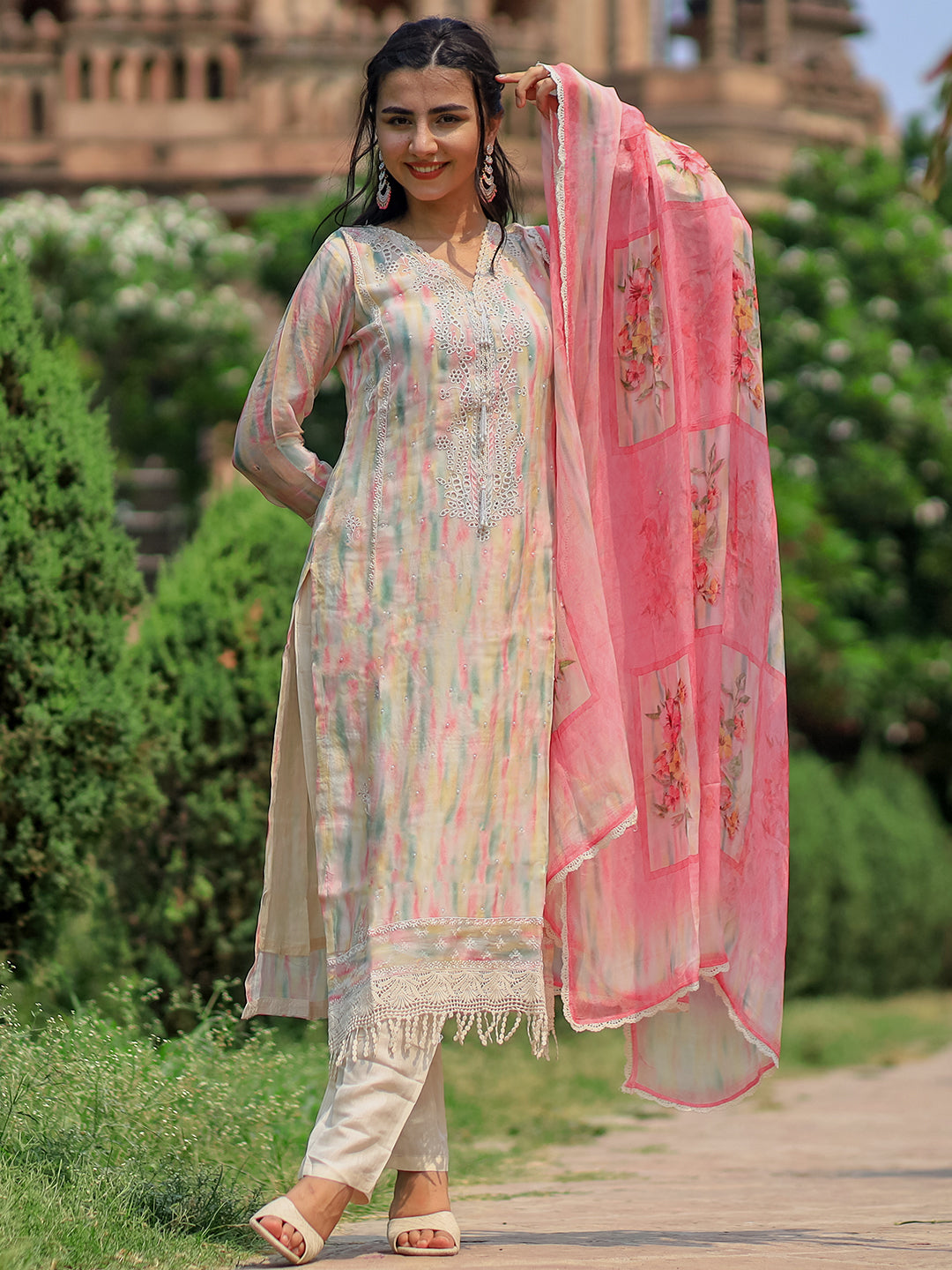 Mustard Embroidered Organza Straight Suit With Dupatta