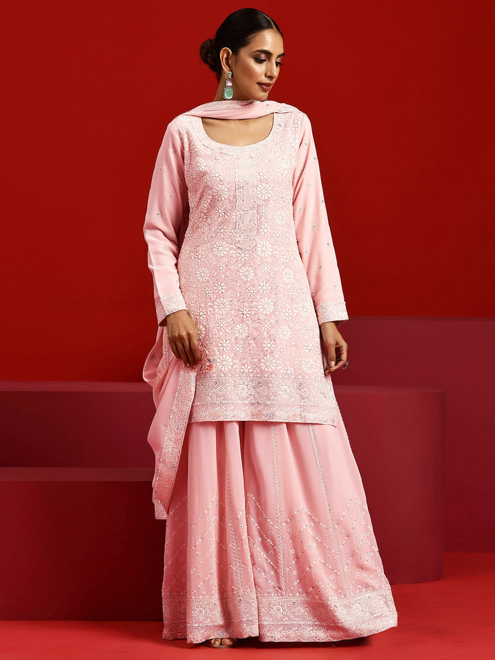 Libas Art Peach Embroidered Georgette Straight Suit With Dupatta