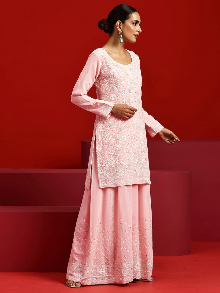 Libas Art Peach Embroidered Georgette Straight Suit With Dupatta