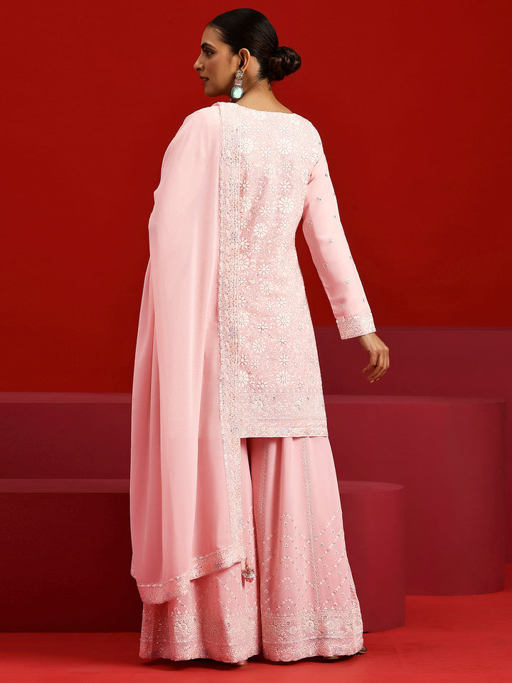 Libas Art Peach Embroidered Georgette Straight Suit With Dupatta