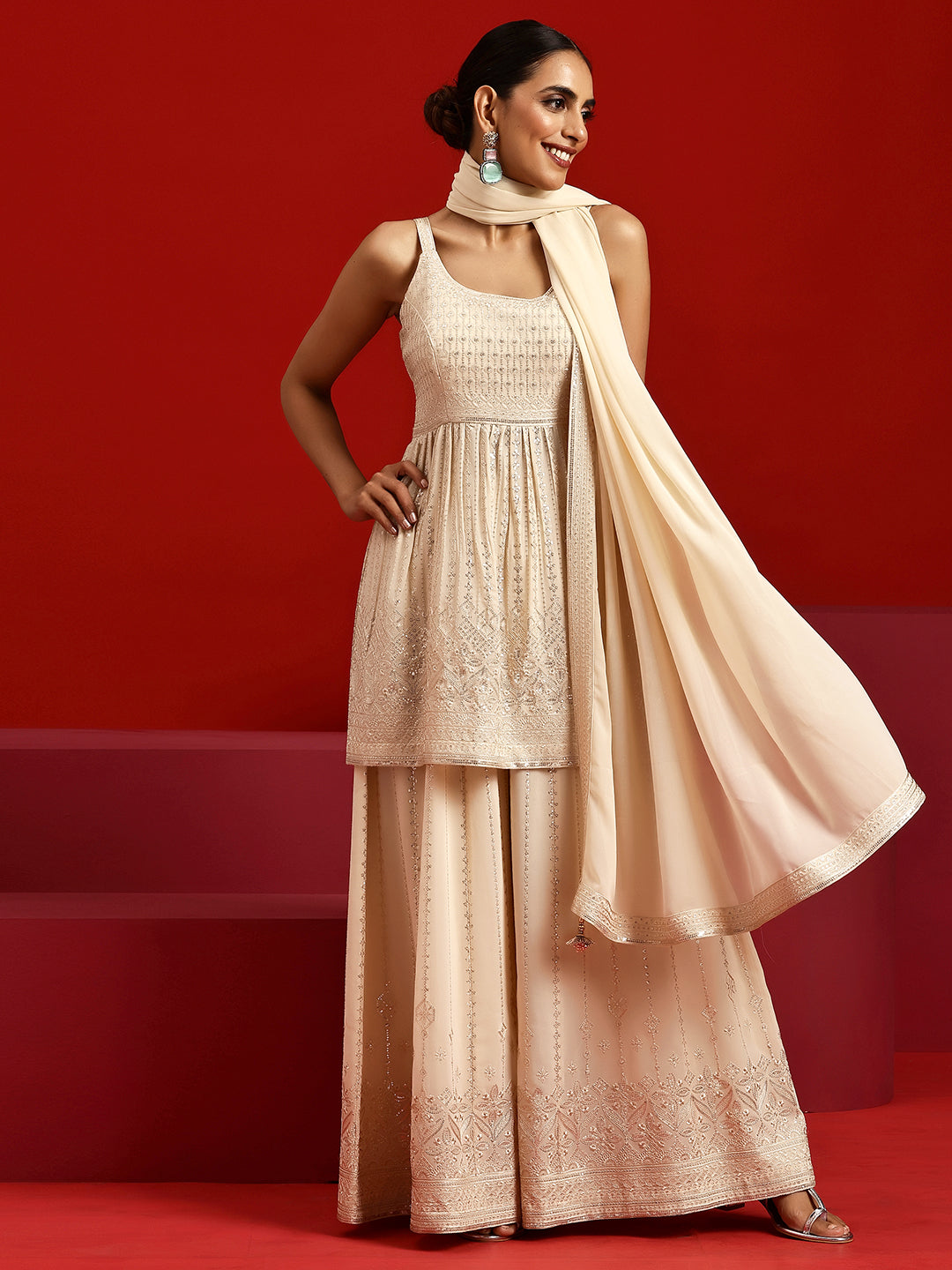 Beige Printed Cotton A-Line Kurta With Palazzos & Dupatta