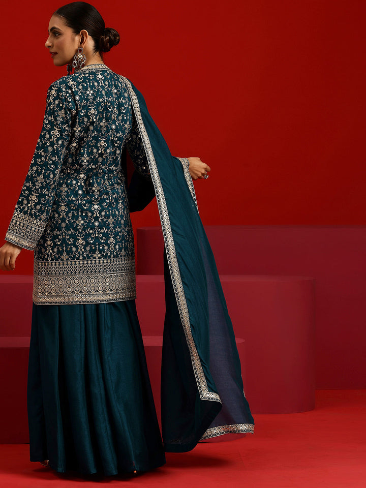 Libas Art Teal Embroidered Silk Blend Straight Suit With Dupatta