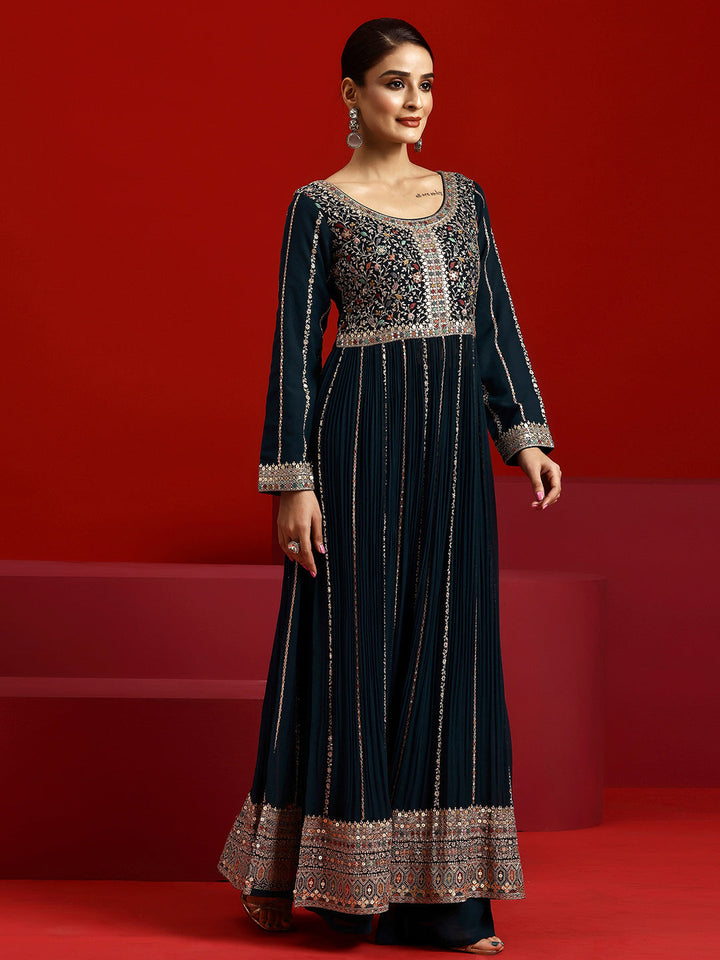 Libas Art Teal Embroidered Georgette A-Line Kurta With Palazzos & Dupatta